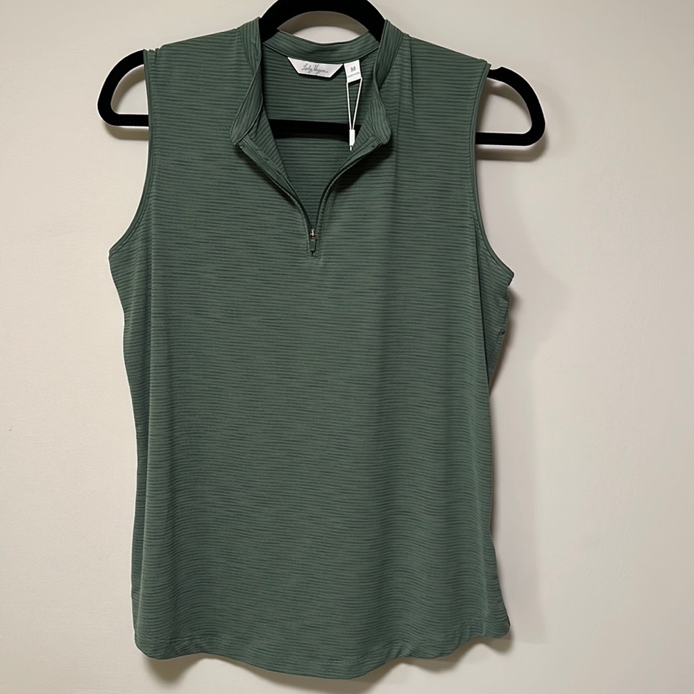 NWT M Lady Hagen moss/pine green golf polo with zipper and mock collar